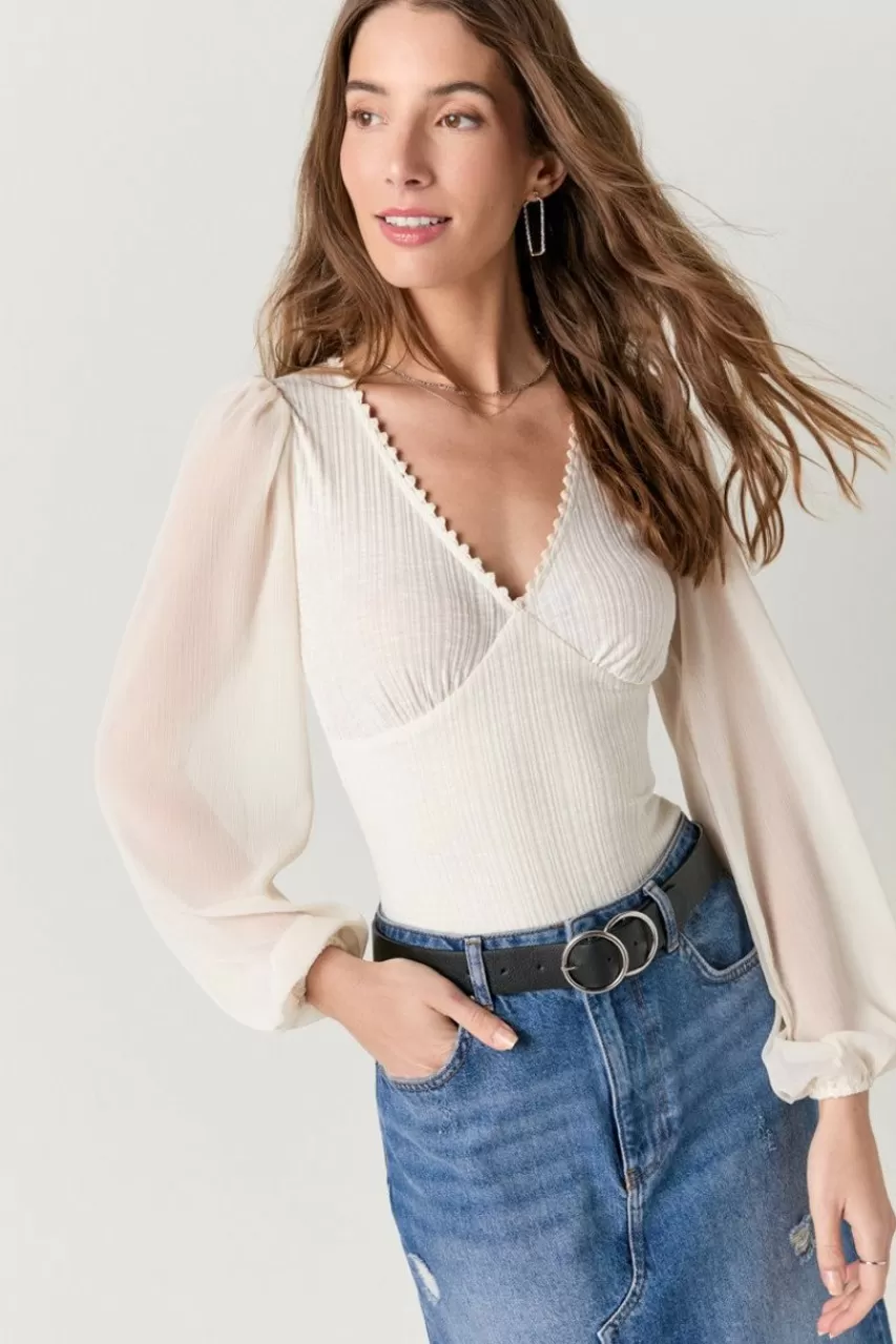 Francesca's Amora Sheer Long Sleeve Rib-Knit Bodysuit