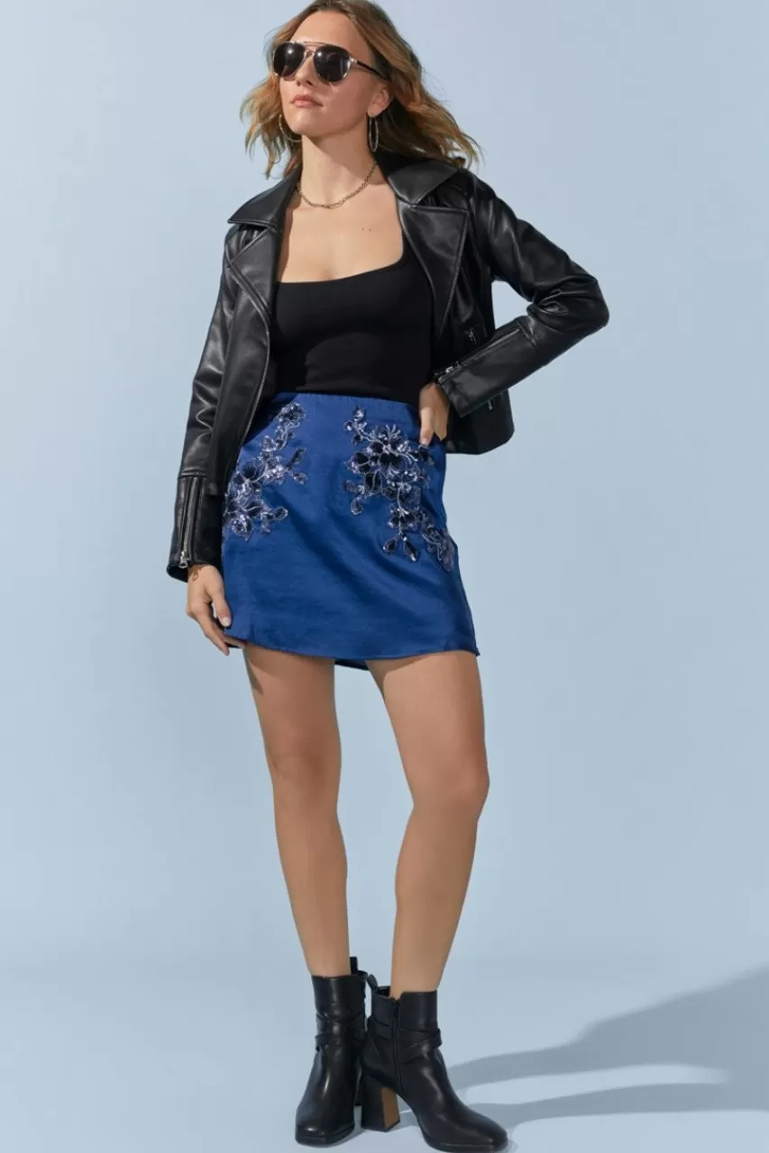 Francesca's Gina Satin Floral Embellished Mini Skirt