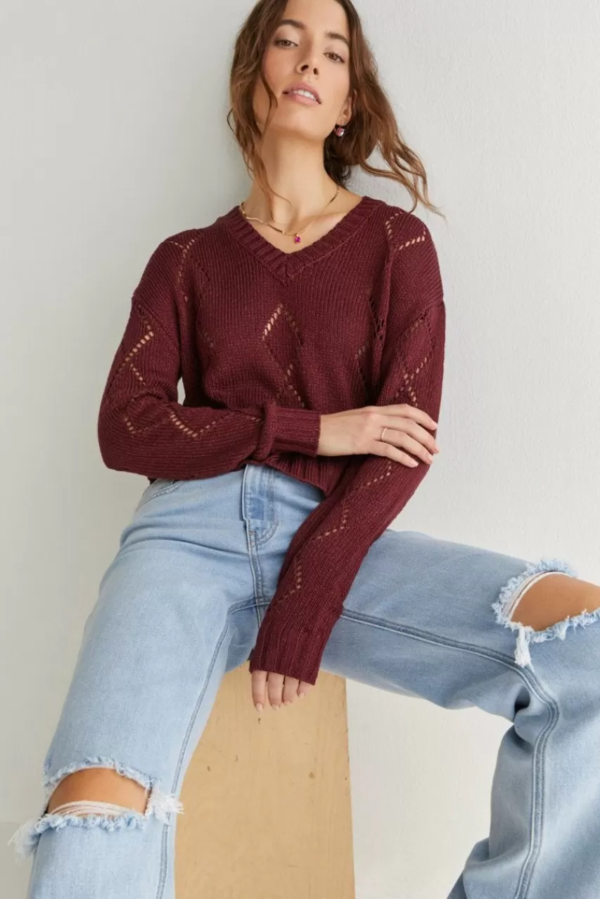 Francesca's Kendra V-Neck Pointelle Sweater