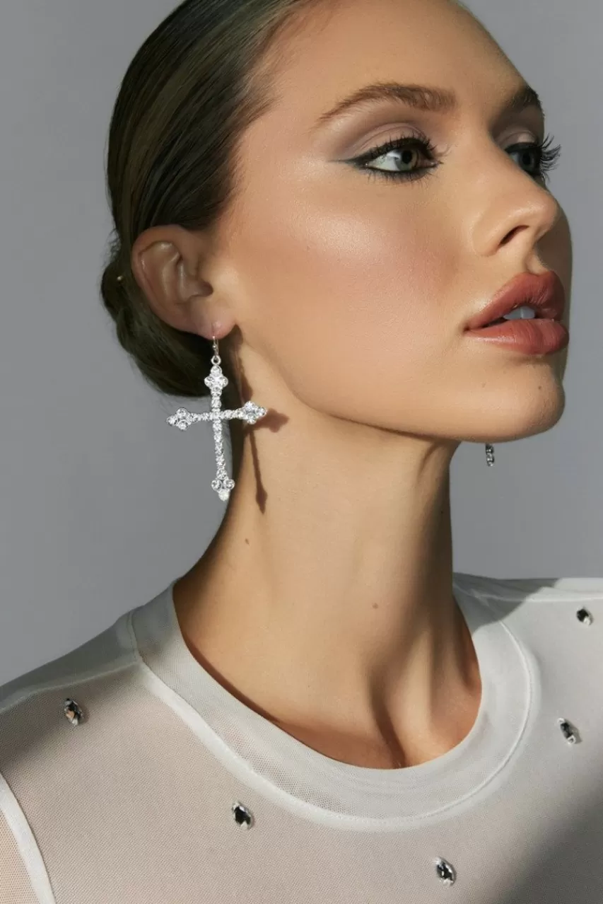 Francesca's Luxe Plated Crystal Cross Earrings