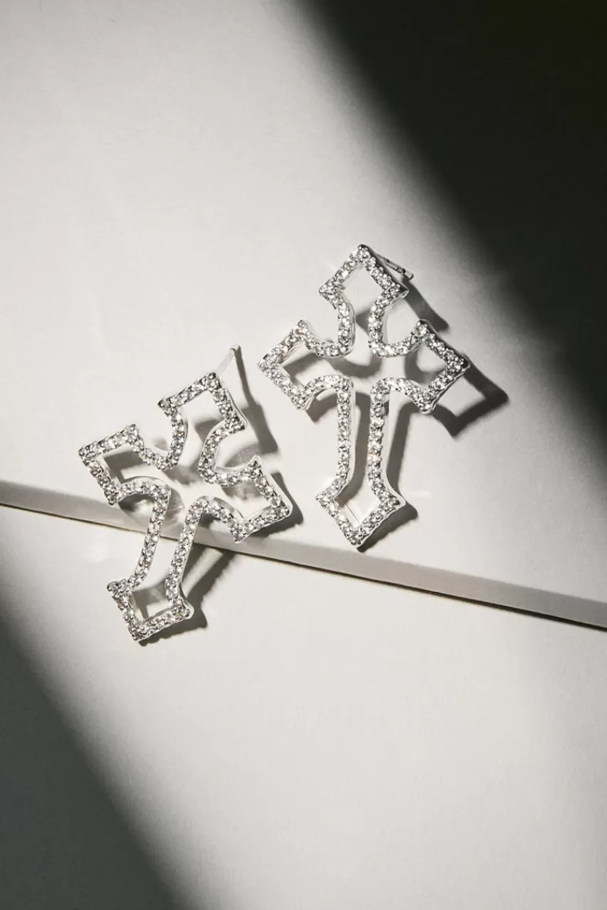 Francesca's Luxe Silver Plated Pave Cross Stud Earrings