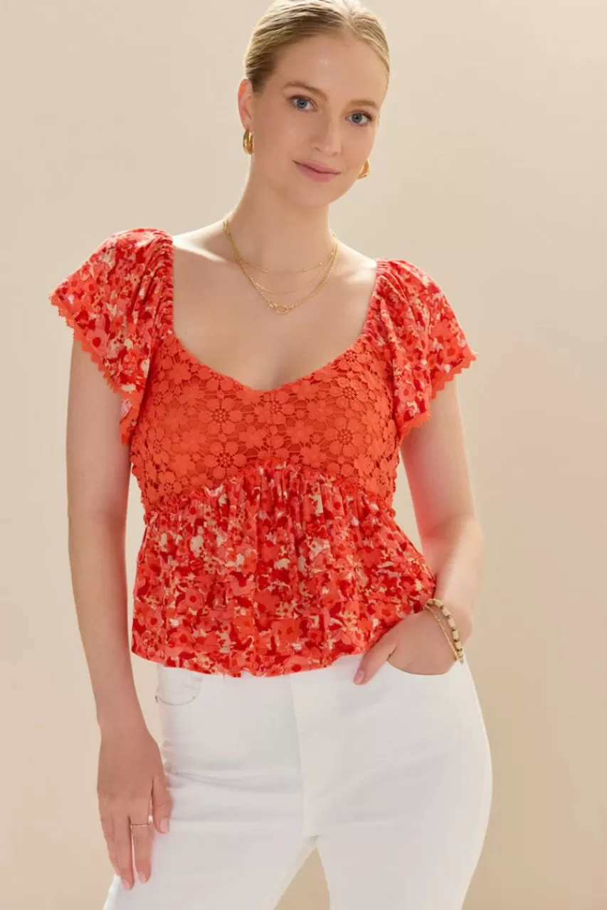 Francesca's Mandy Border Print Crochet Trim Blouse