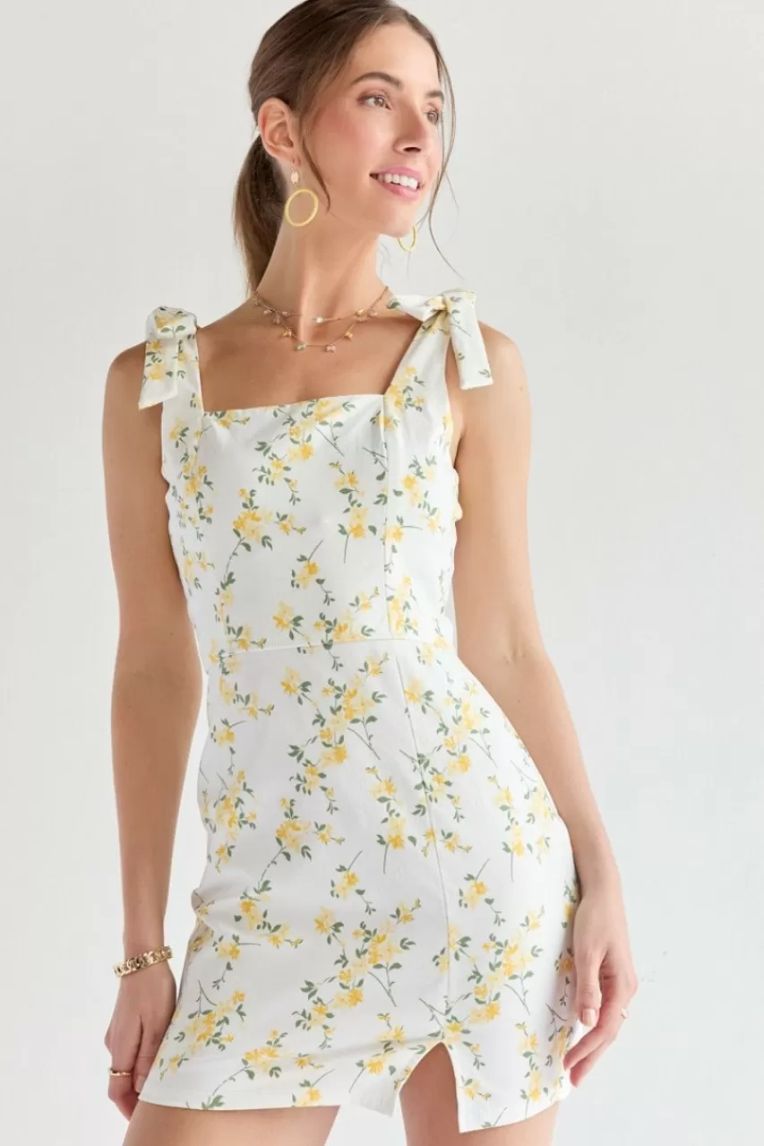 Francesca's Nichole Yellow Floral Print Waist Dress