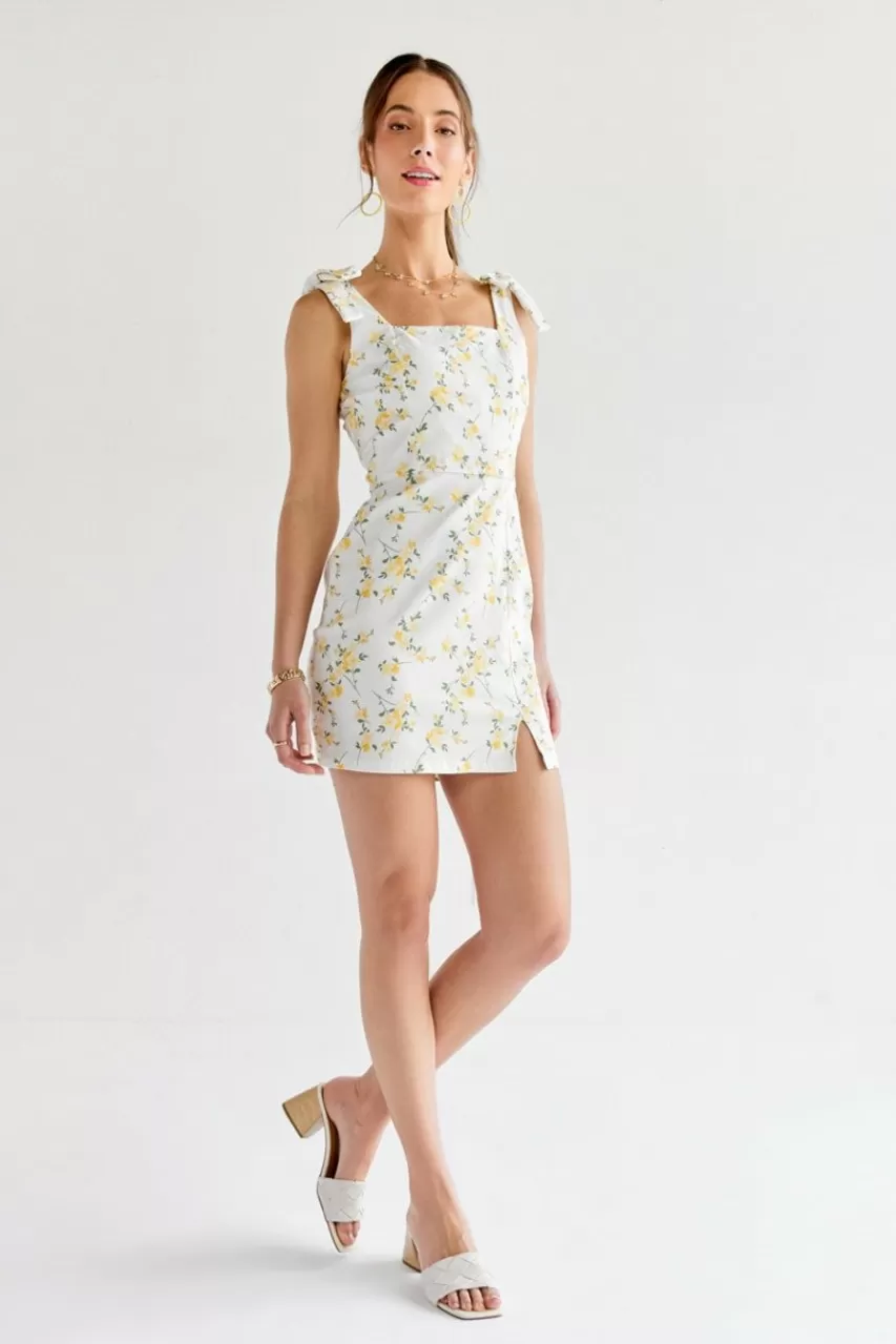 Francesca's Nichole Yellow Floral Print Waist Dress