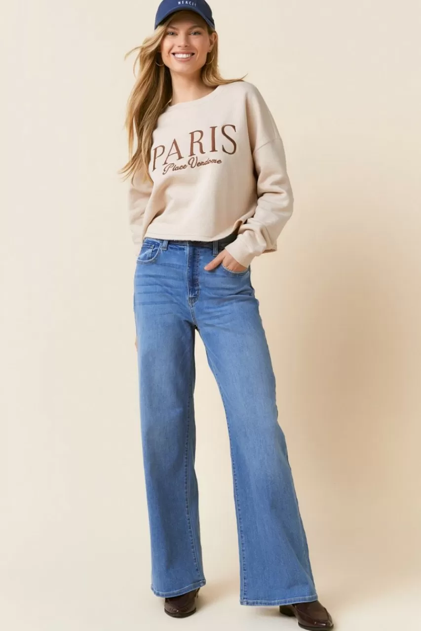 Francesca's Paris Embroidered Fray Hem Sweatshirt