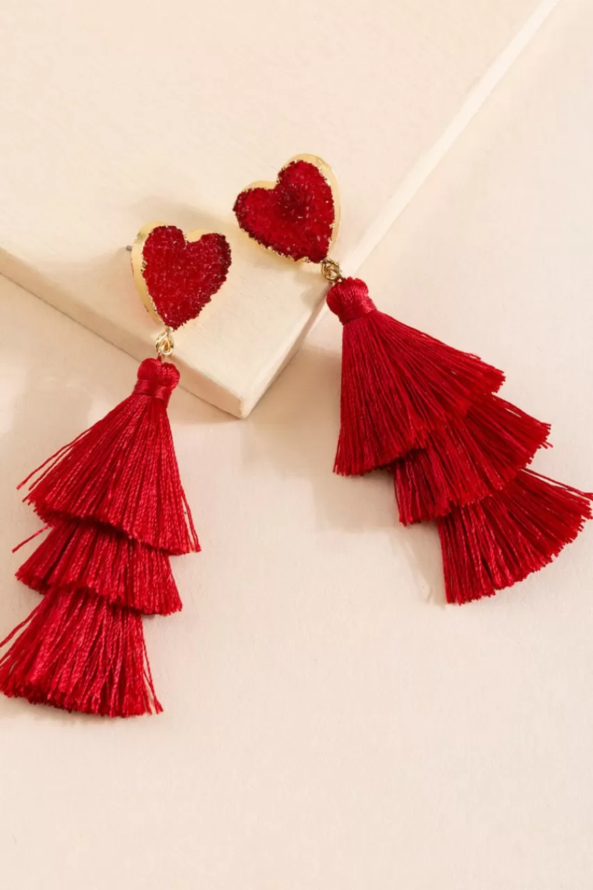 Francesca's Tove Druzy Heart Post Tassel Drop Earrings