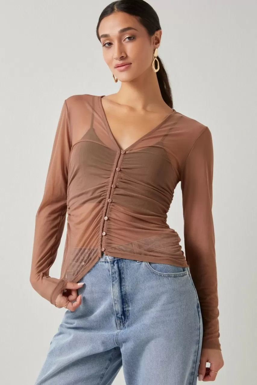 Francesca's Vicky Button Down Cinched Mesh Top