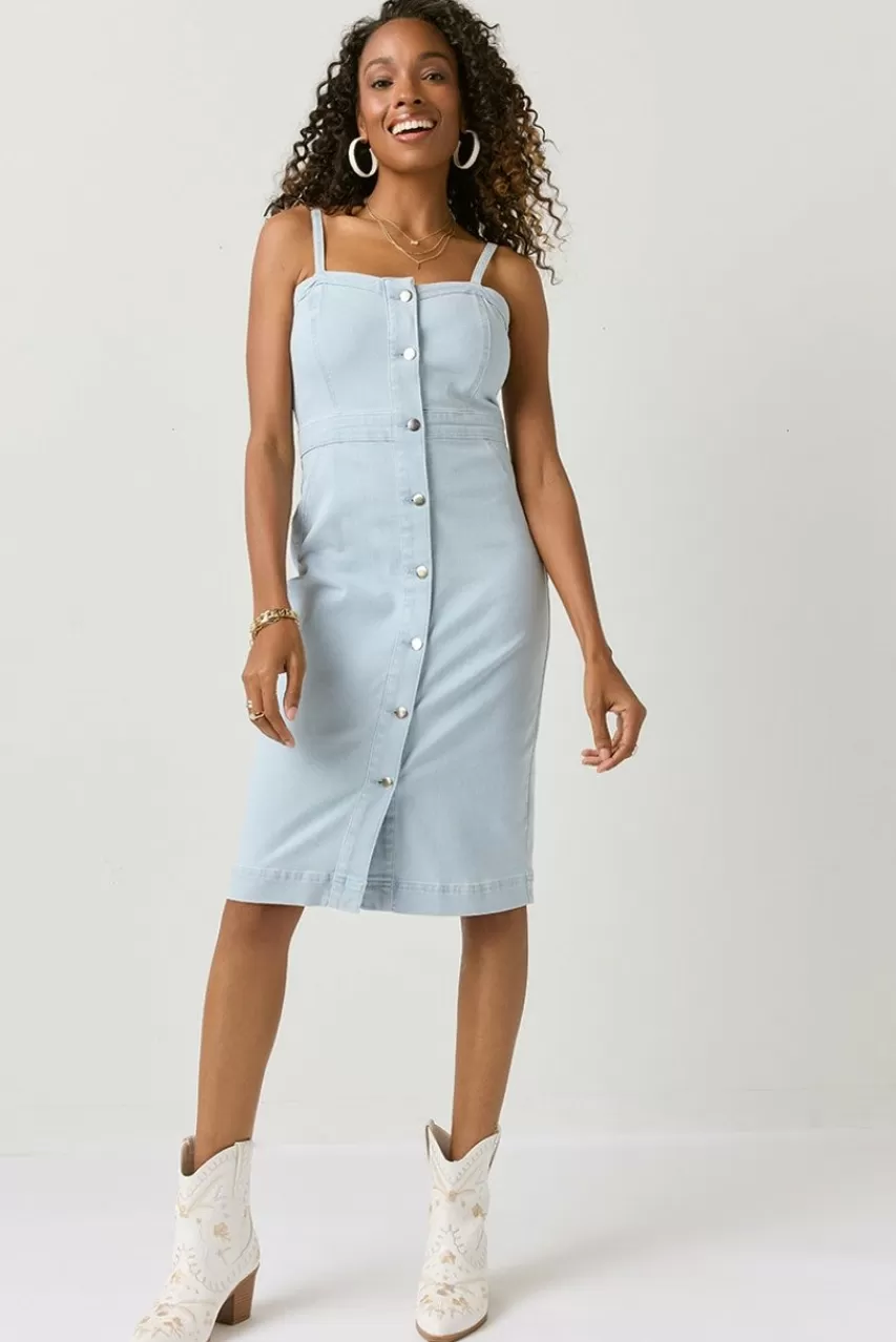 Francesca's Wendy Denim Button Down Front Sheath Midi Dress